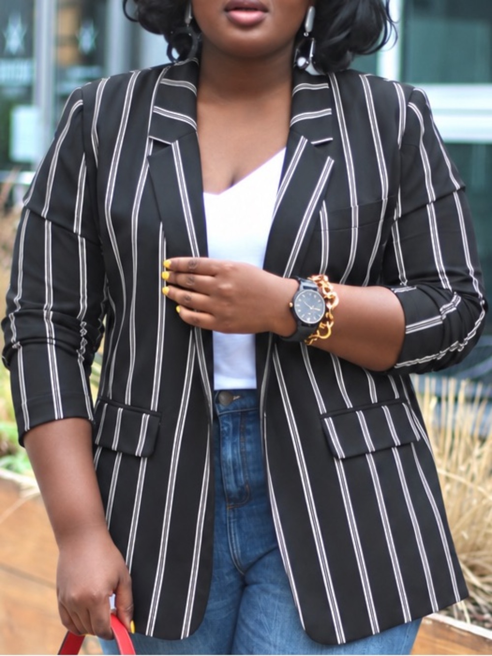 New Look Black White Stripe Blazer Jacket Ruched Sleeve 3X Professional Office